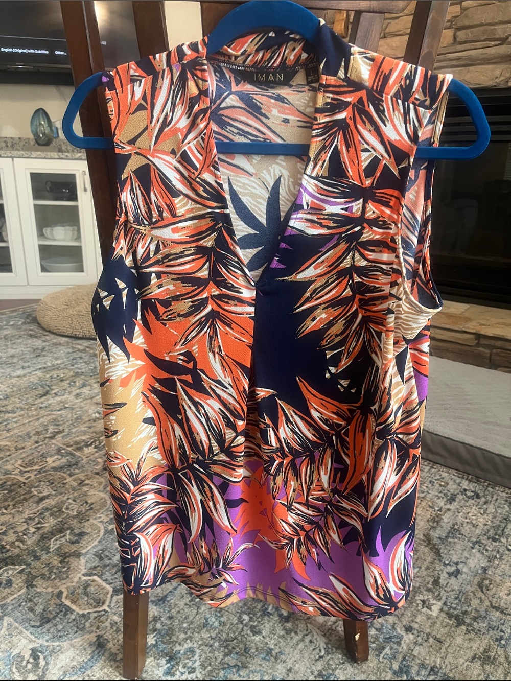 IMAN Tropical Leaf Sleeveless Top in Navy, Orange & Purple